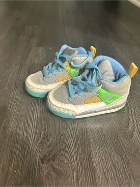 Authentic Jordans Kids Gray and Blue Athletic Sneakers with Green Accents